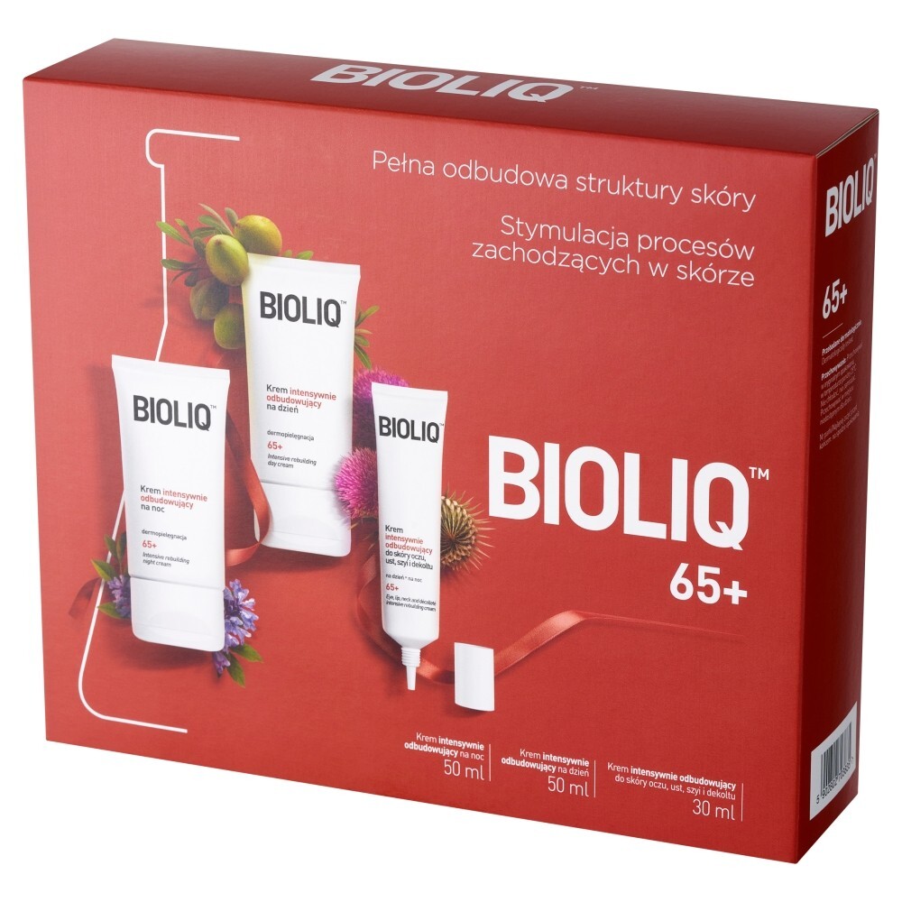 Zestaw Promocyjny Bioliq 65+, krem intensywnie odbudowujący na dzień, 50 ml + krem intensywnie odbudowujący na noc, 50 ml + krem intensywnie odbudowujący do skóry oczu, ust, szyi i dekoltu, 30 ml